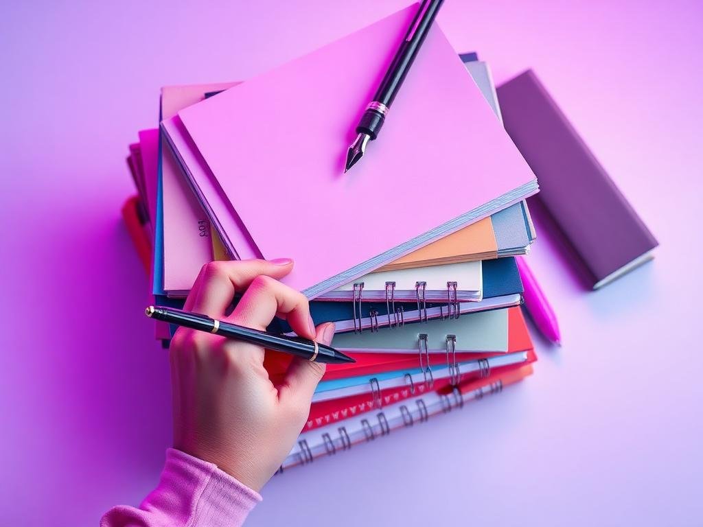 Hand writing in colourful notebooks
