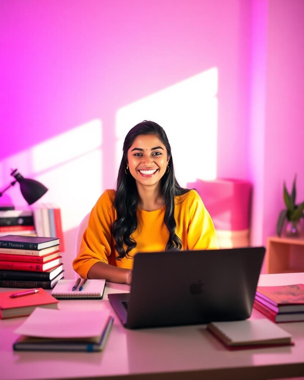 Happy young woman working from home